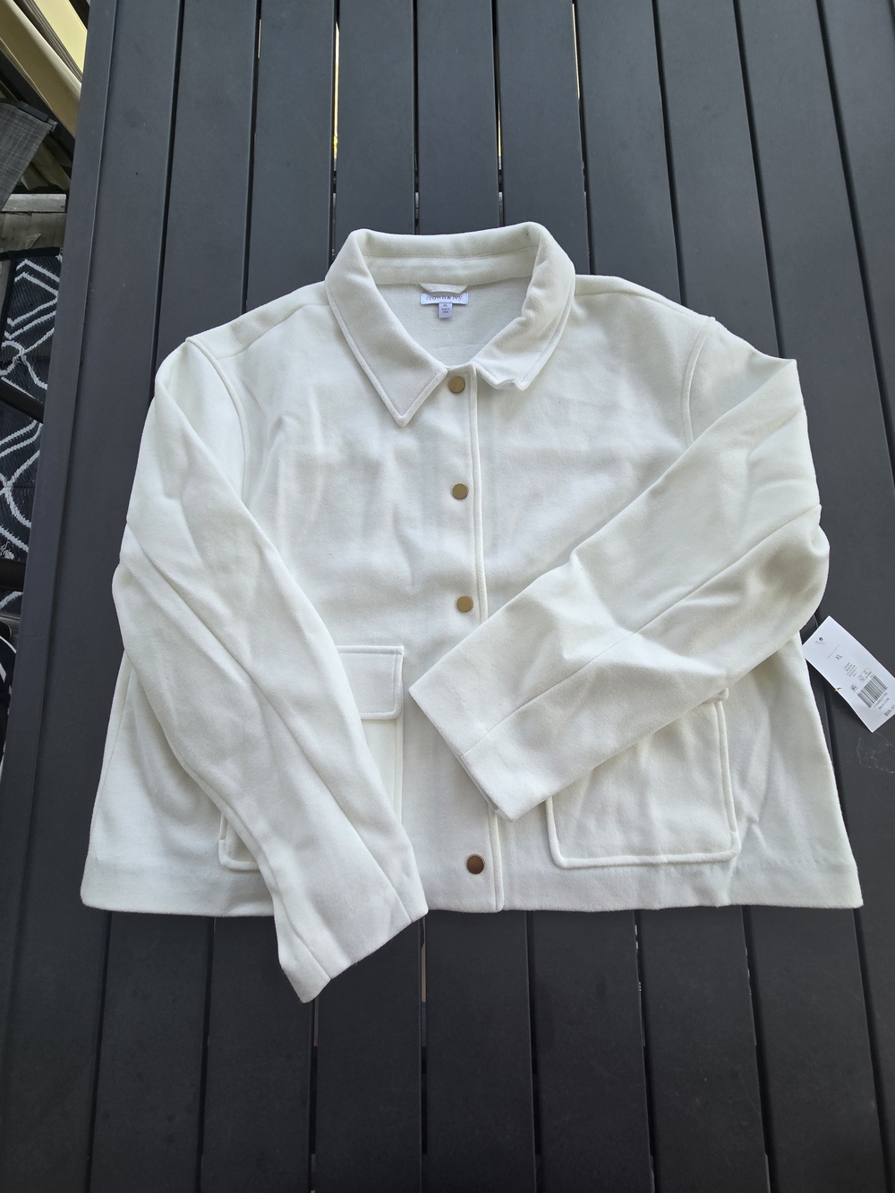 Crown & Ivy Ivory Solid Short Jacket XL Button Front Long Sleeve Pockets NWT